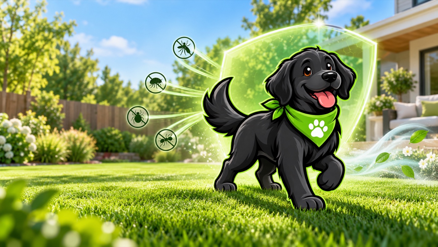 The Pawscapers mascot walking across a fresh green lawn inside a glowing shield that keeps mosquitoes, fleas, ticks and ants away