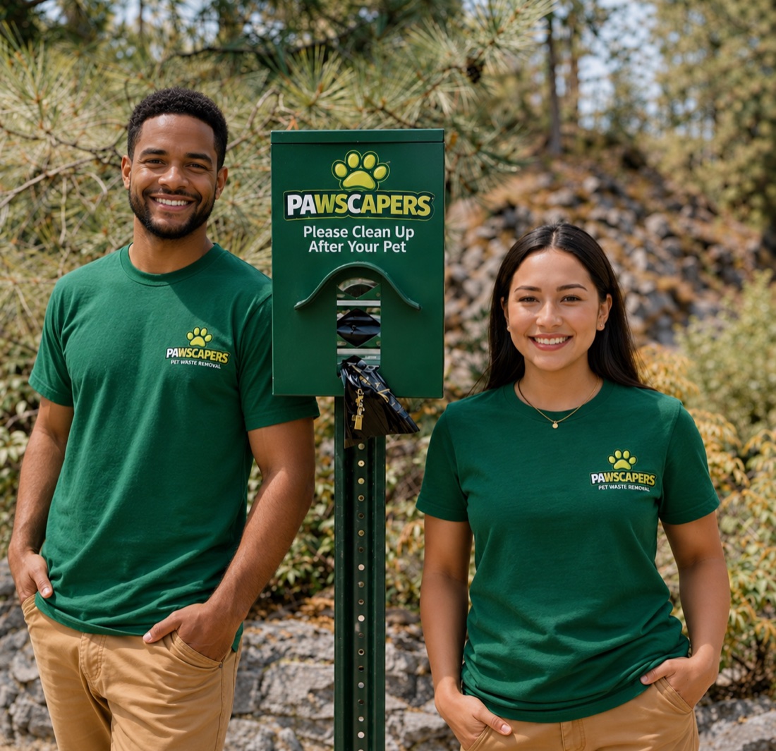 Pawscapers team members in green Pawscapers shirts standing beside a pet waste station