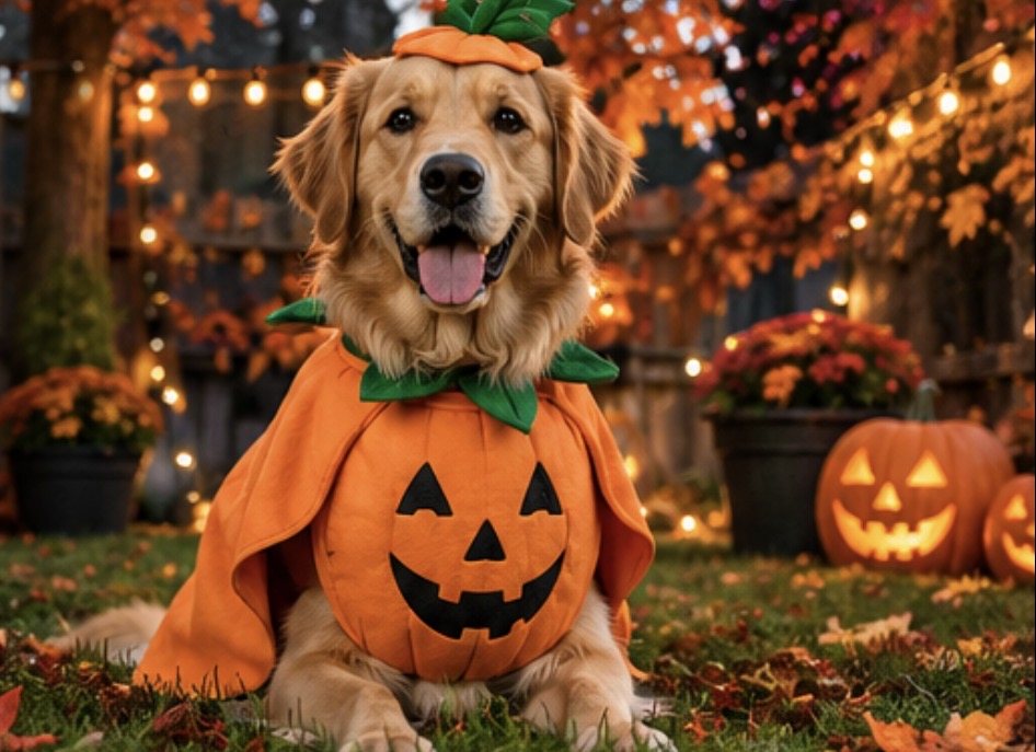 Happy golden retriever in a pumpkin costume in a fall backyard with jack-o'-lanterns