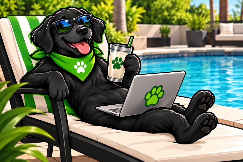 The Pawscapers mascot relaxing poolside with a laptop and a cold drink
