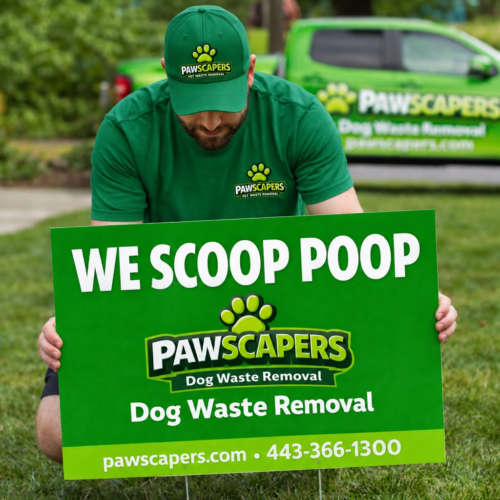 Pawscapers technician in a green Pawscapers shirt and cap setting up a We Scoop Poop yard sign, with a Pawscapers truck behind him