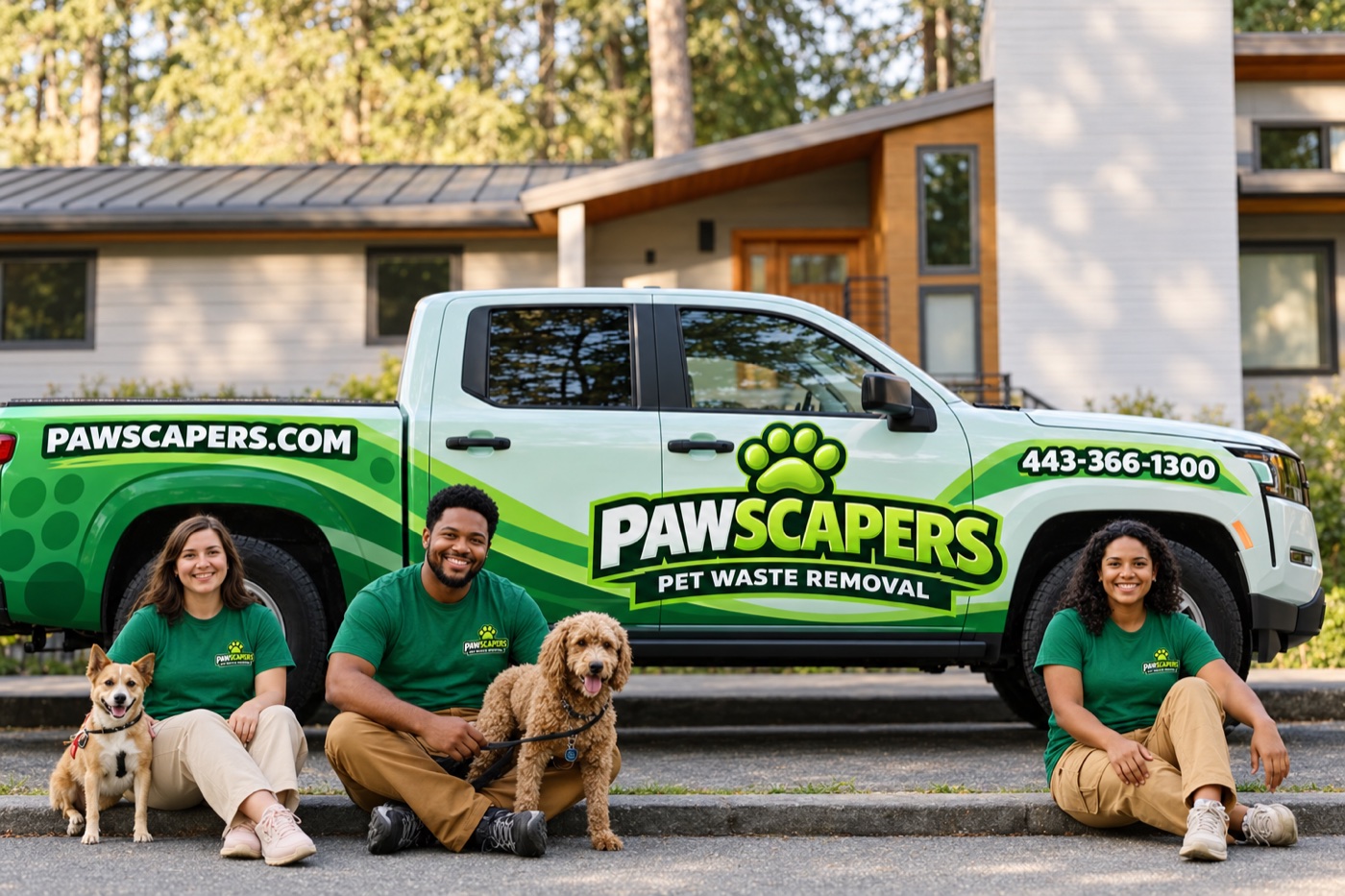 The Pawscapers team sitting with two dogs in front of a Pawscapers pet waste removal truck